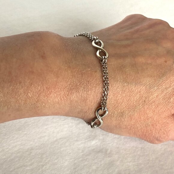 Sterling Silver 925 Italy Infinity Link Double Rolo Chain Bracelet Sz 7"-7.75" - Picture 3 of 16